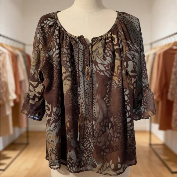 Dress Barn Brown and Taupe Sheer Patterned Peasant Blouse - Picture 1 of 4